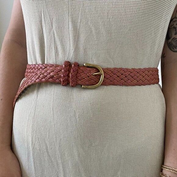 Vintage Womens Pink Leather Braided Solid Brass Buckle Western Hippy Belt Sz L main image 4